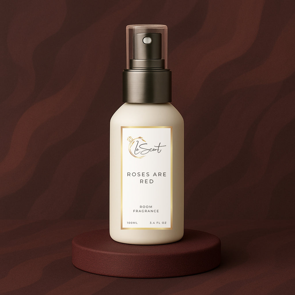 LeScent Roses Are Red room spray inspired by Louis Vuitton Les Sables Roses — opulent rose and oud interior fragrance with hints of amber and saffron.