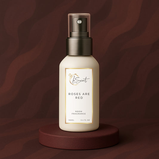 LeScent Roses Are Red room spray inspired by Louis Vuitton Les Sables Roses — opulent rose and oud interior fragrance with hints of amber and saffron.