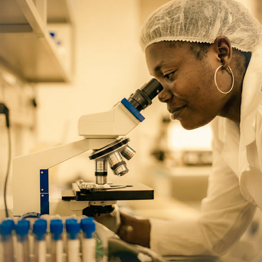 Lab technician examining samples under a microscope for LeScent Sapphire hair mist quality control, hair perfume, hair fragrance, and hair perfume mist inspired by Sapphire.