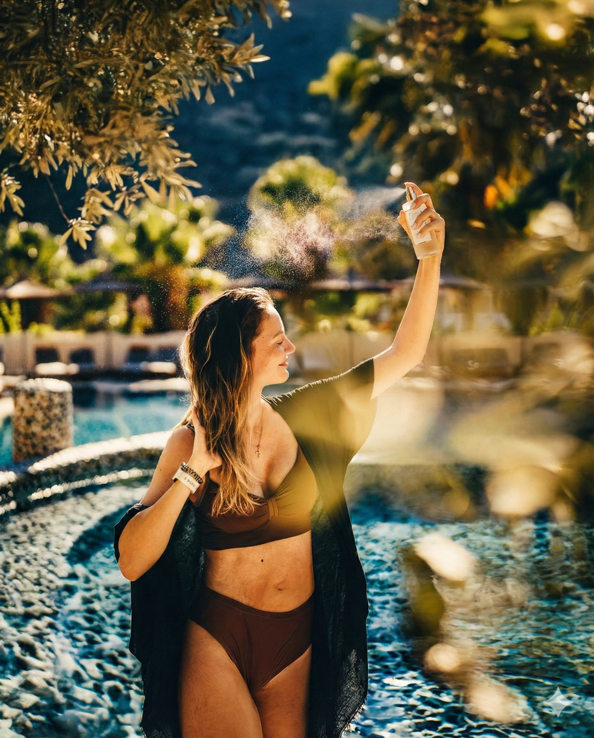 Woman in a bikini standing by a pool, spraying water from a bottle with a blurred background