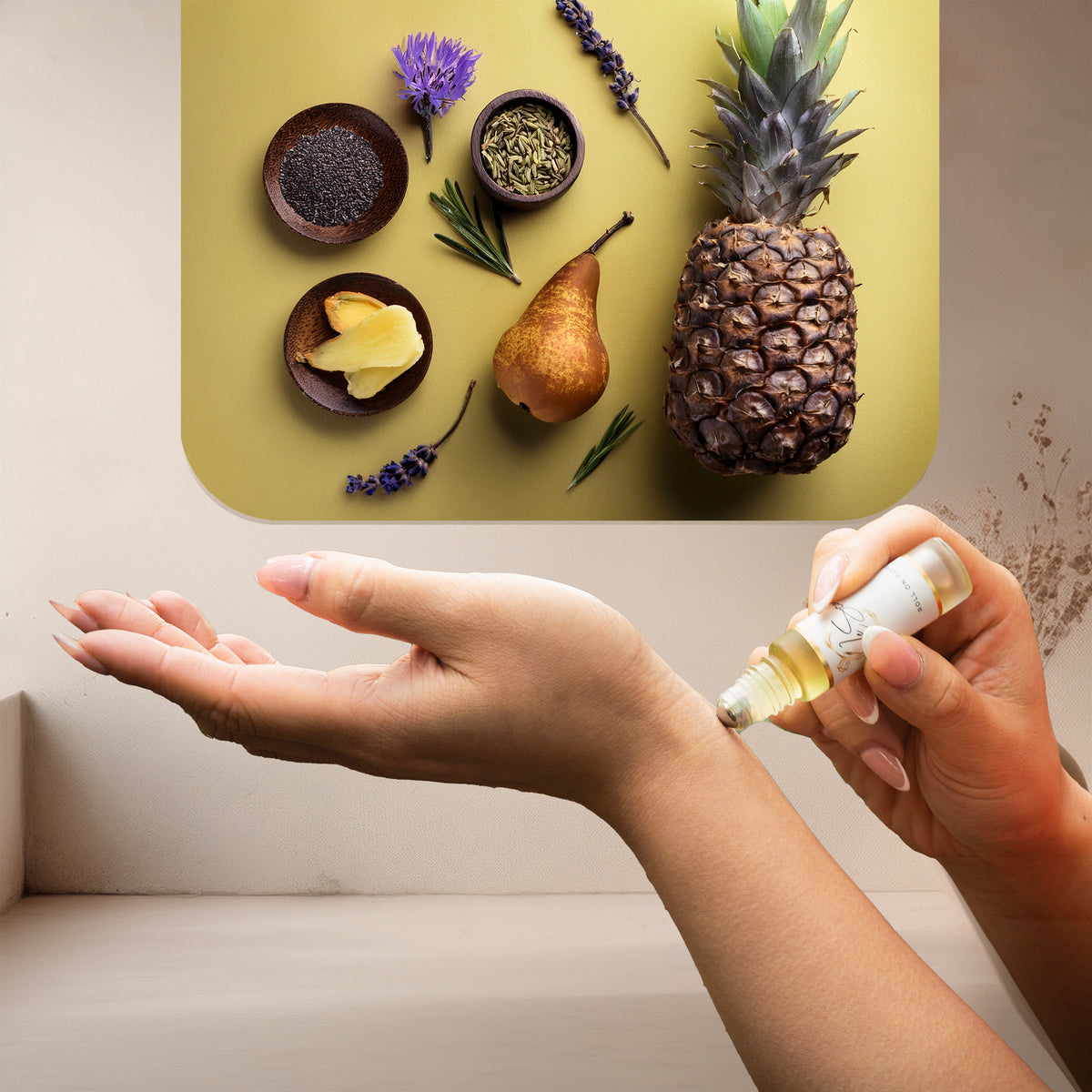 Applying LeScent SER perfume oil roll-on inspired by Givenchy Gentleman — elegant blend of pineapple, lavender and cardamom creating a refined masculine scent.