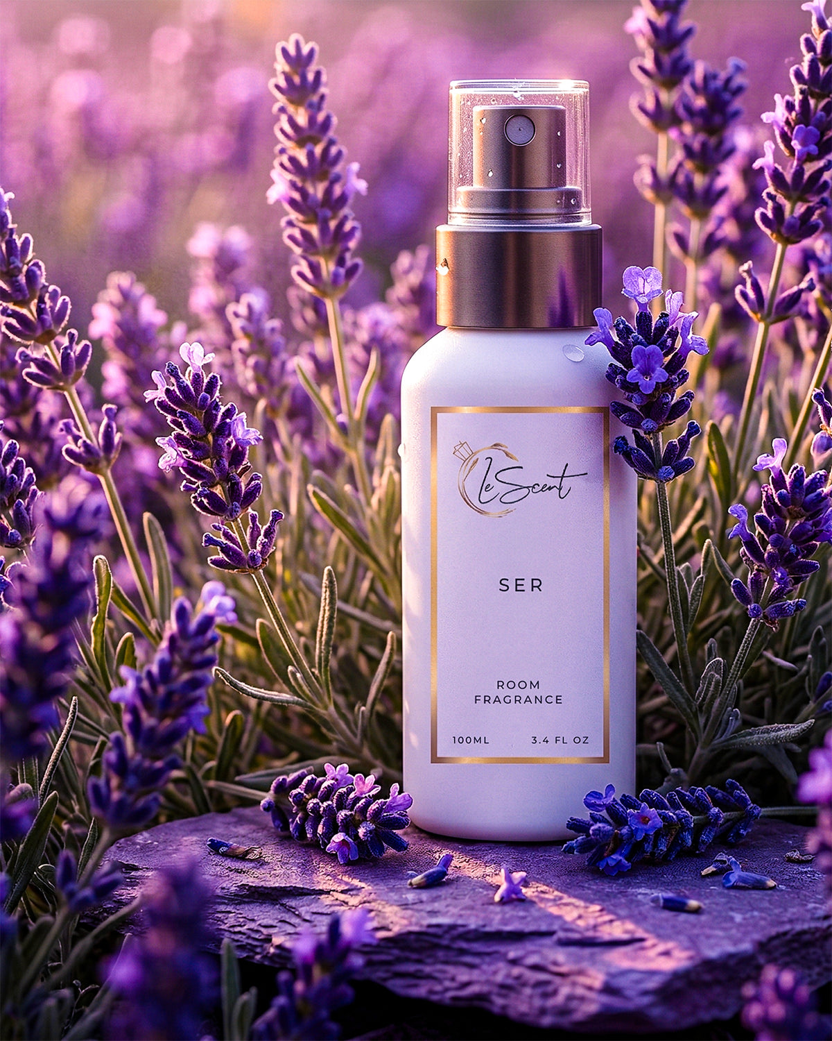 LeScent SER room fragrance bottle surrounded by purple lavender blooms, air freshener and home fragrance freshener inspired by Givenchy Gentleman.