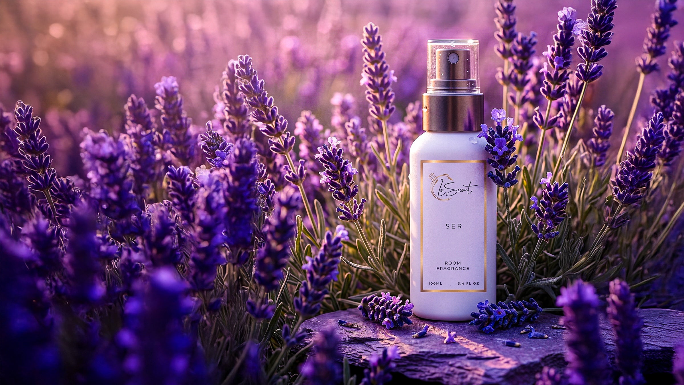 LeScent SER room spray bottle displayed on stone among lavender flowers, home fragrance freshener inspired by Givenchy Gentleman.