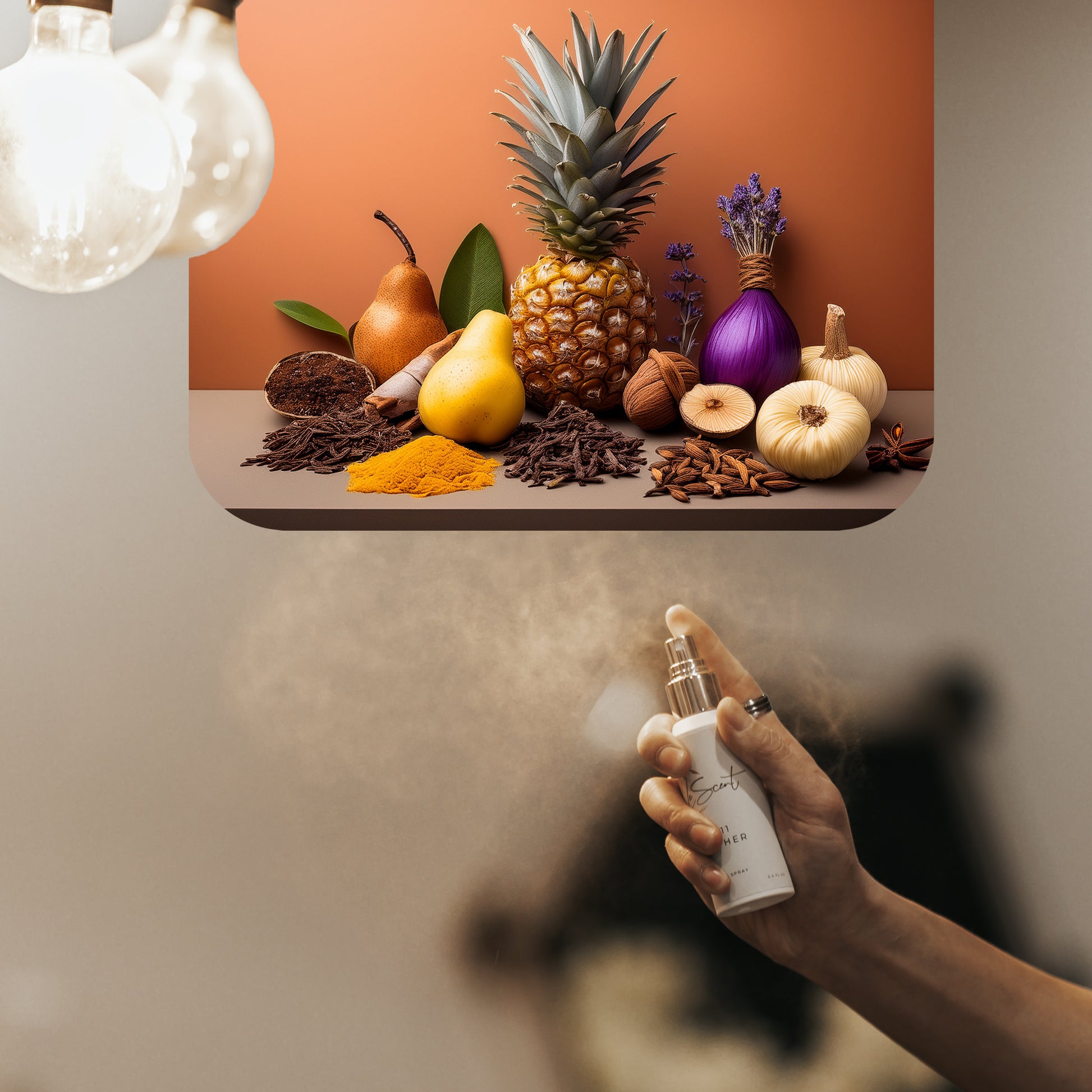 Spraying LeScent SER room spray inspired by Givenchy Gentleman — masculine home fragrance freshener mist with notes of pear, pineapple, and lavender.