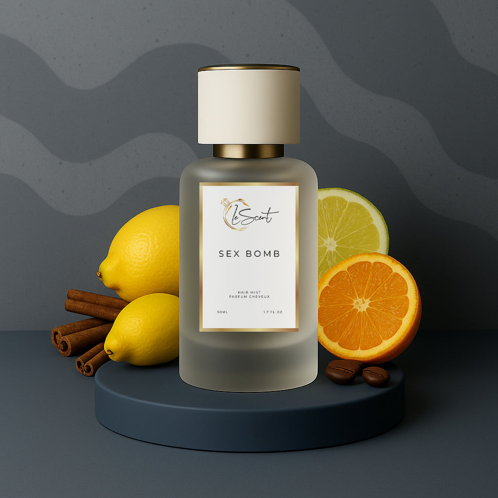 LeScent Sex Bomb hair perfume mist with ingredient notes of cinnamon, lemon, and orange, a warm spicy fragrance inspired by Viktor & Rolf Spicebomb.