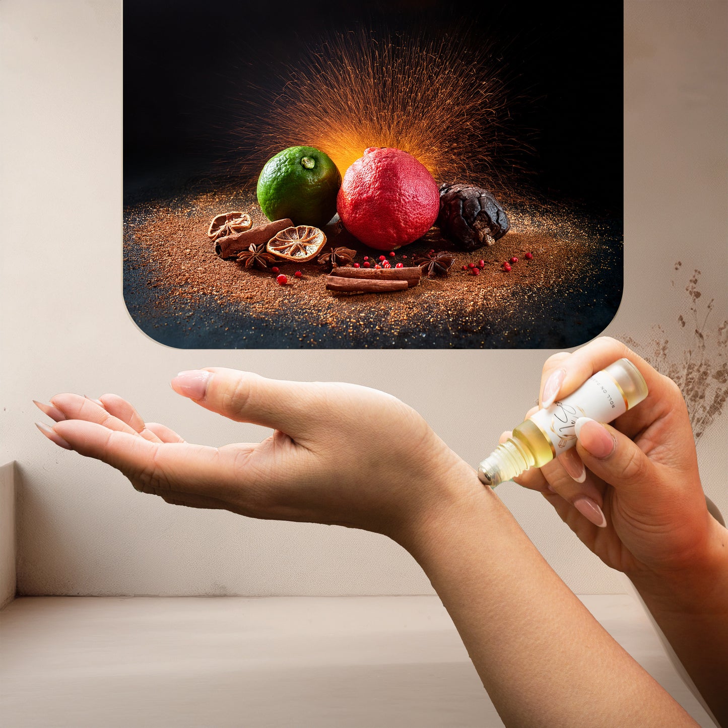 Applying LeScent Sex Bomb perfume oil, a warm spicy fragrance with cinnamon and citrus notes inspired by Viktor & Rolf Spicebomb, to the wrist.