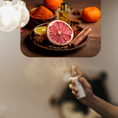 Spraying LeScent Sex Bomb home fragrance freshener mist, a warm spicy scent with cinnamon, star anise, and citrus accords, inspired by Viktor & Rolf Spicebomb.