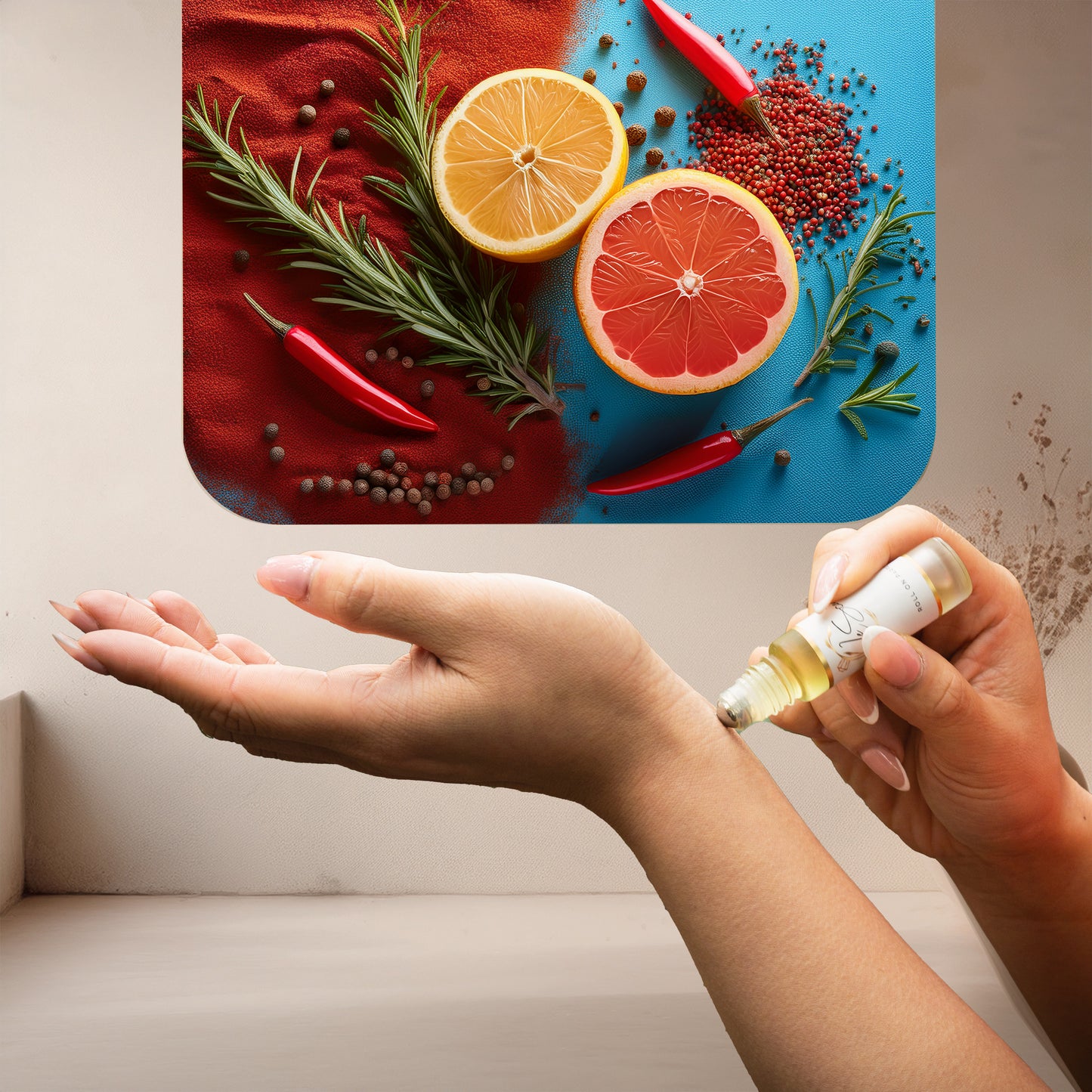 Applying LeScent Sex On The Beach perfume oil roll-on inspired by Louis Vuitton On The Beach — bright blend of grapefruit, rosemary and sea salt for a fresh coastal aroma.