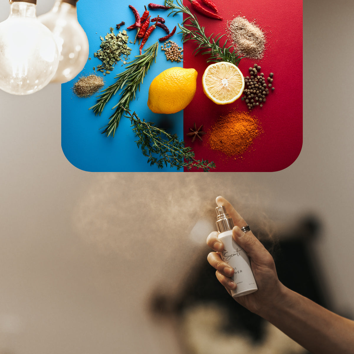 Spraying LeScent Sex On The Beach room spray inspired by Louis Vuitton On The Beach — citrus home fragrance freshener mist with lemon, pepper and sea salt for a clean, breezy scent.