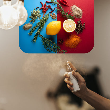 Spraying LeScent Sex On The Beach room spray inspired by Louis Vuitton On The Beach — citrus home fragrance freshener mist with lemon, pepper and sea salt for a clean, breezy scent.