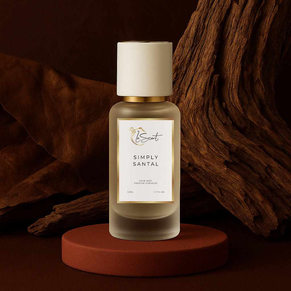 LeScent Simply Santal hair perfume mist bottle surrounded by sandalwood chunks and dark wood textures on a brown platform, inspired by Le Labo Santal 33.