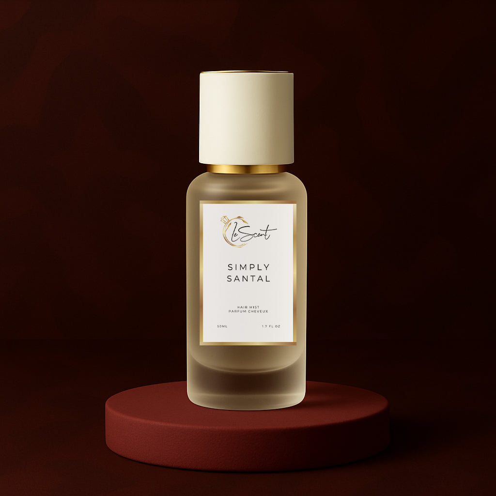 LeScent Simply Santal hair fragrance mist bottle displayed on a burgundy platform with textured leather background and warm amber lighting, inspired by Le Labo Santal 33.