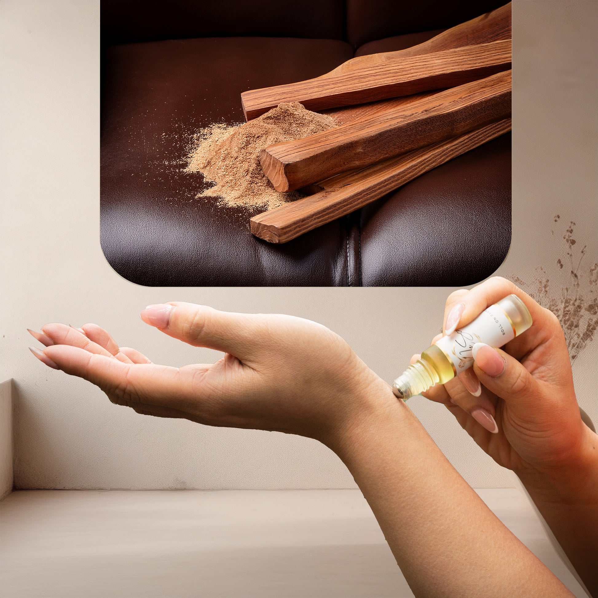 Applying LeScent Simply Santal roll-on perfume oil on wrist beside sandalwood pieces and wood powder on a leather surface, inspired by Le Labo Santal 33.