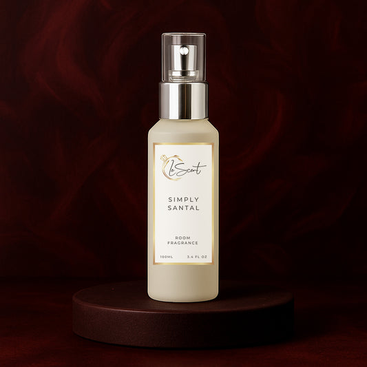 LeScent Simply Santal room fragrance spray bottle placed on a dark burgundy pedestal with warm spotlight and velvety background, inspired by Le Labo Santal 33.