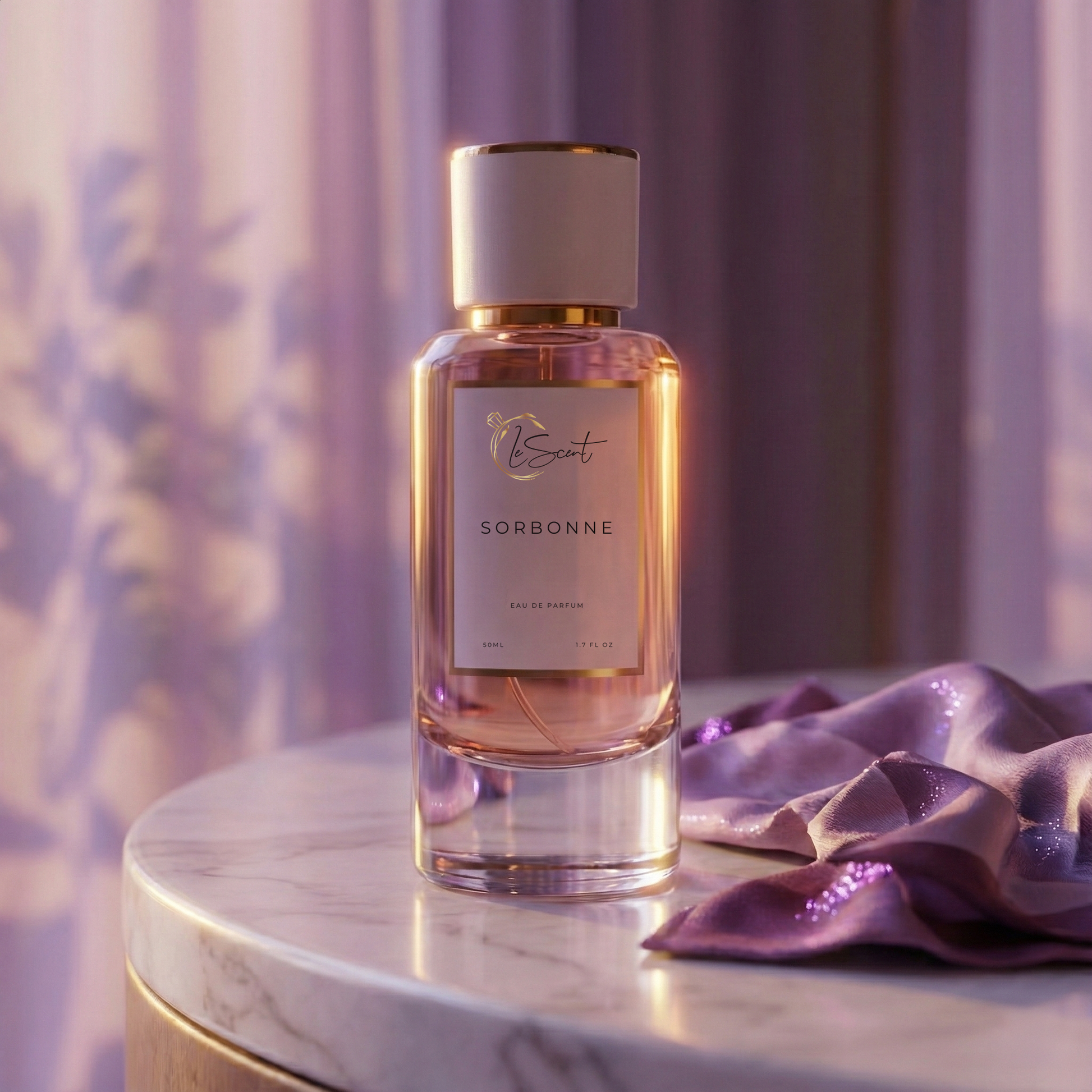 LeScent Sorbonne inspired perfume bottle on a marble vanity with soft lavender curtains and a purple silk cloth in golden-hour lighting. Inspired by Dior Gris Dior.