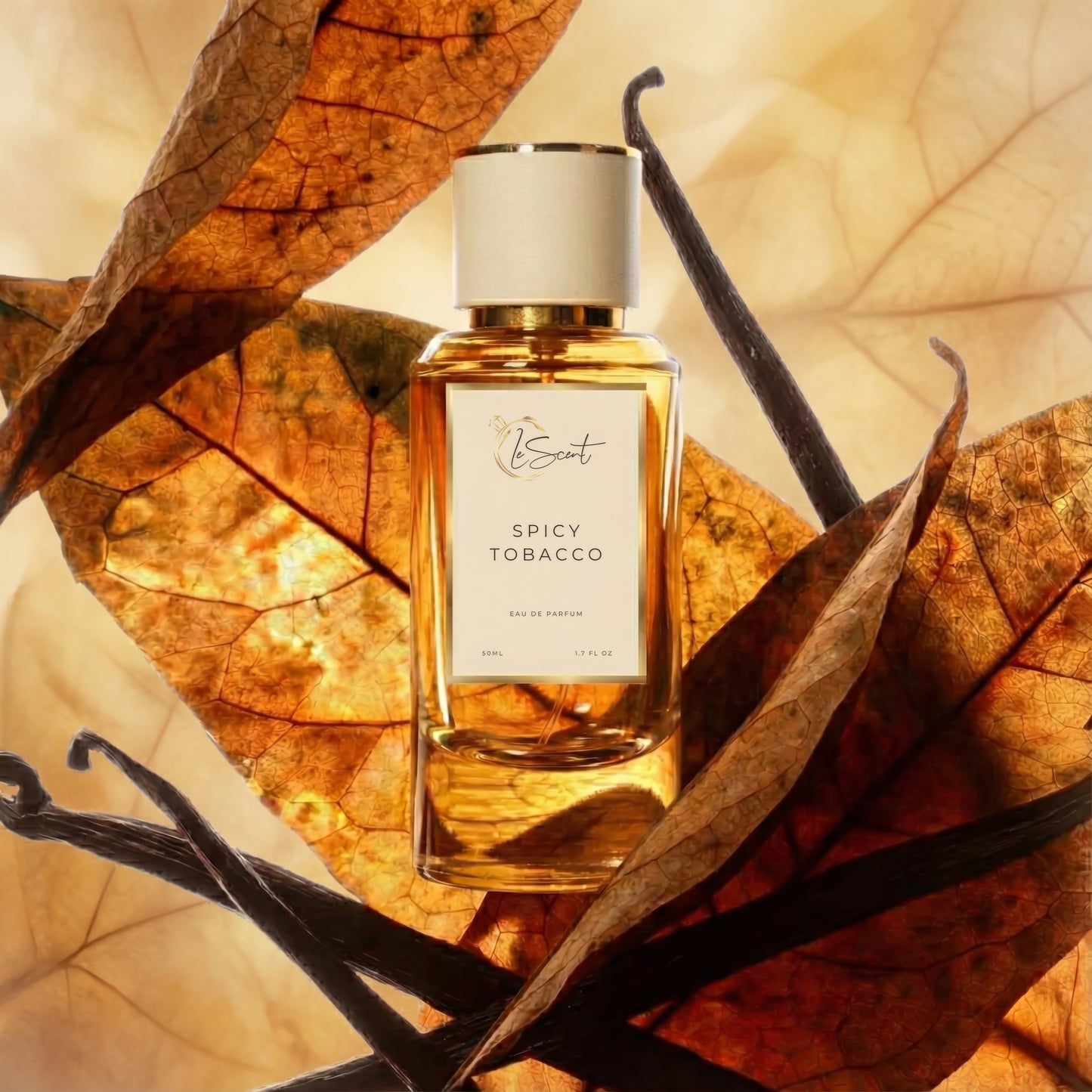 LeScent Spicy Tobacco perfume bottle surrounded by dried tobacco leaves and vanilla beans with warm golden lighting, premium inspired perfume fragrance inspired by Tom Ford Tobacco Vanille.