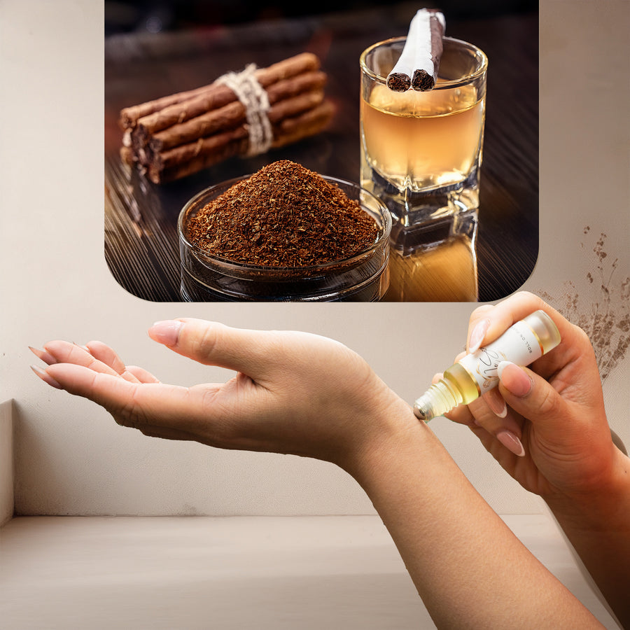 LeScent Spicy Tobacco Roll On Perfume Oil — notes of tobacco leaf, spice, vanilla and tonka bean inspired by Tom Ford Tobacco Vanille for long-lasting warmth.