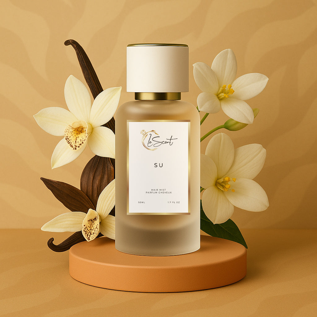 LeScent SU hair perfume mist bottle surrounded by soft white orchid petals and warm vanilla tones against a creamy caramel backdrop, inspired by Kayali Vanilla 28.