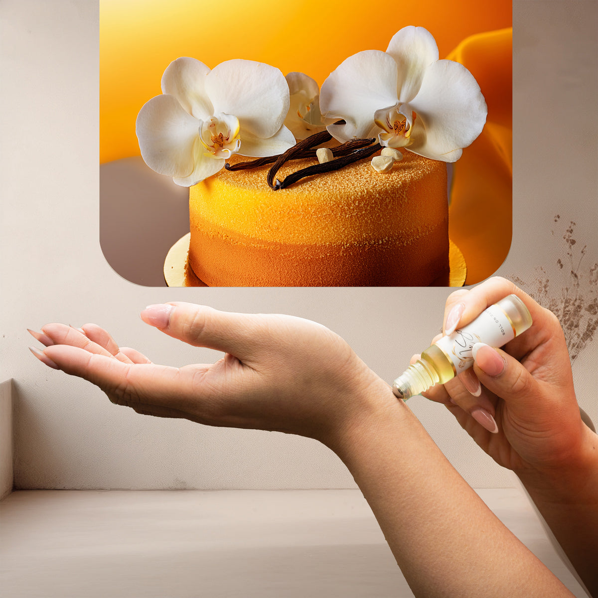 Applying LeScent SU roll-on perfume oil with a close-up wrist application scene and warm ambient lighting, inspired by Kayali Vanilla 28.
