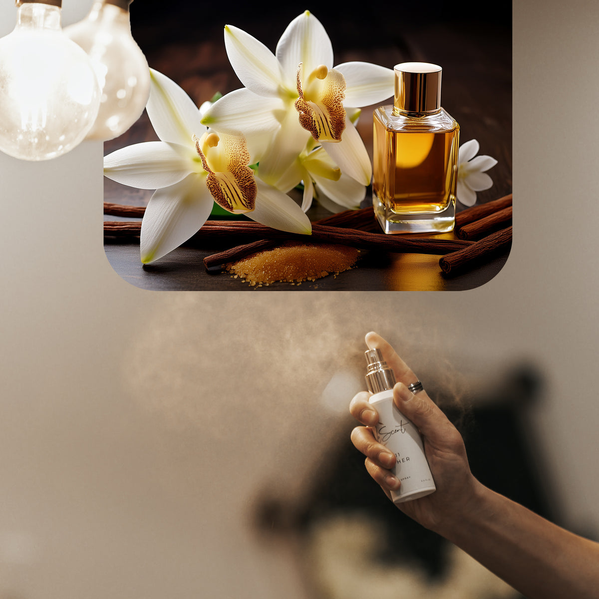 Spraying LeScent SU home fragrance freshener mist in a soft ambient setting with warm tones and gentle diffusion, inspired by Kayali Vanilla 28.