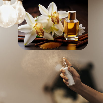 Spraying LeScent SU home fragrance freshener mist in a soft ambient setting with warm tones and gentle diffusion, inspired by Kayali Vanilla 28.