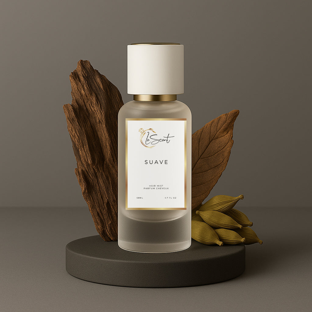 LeScent Suave Hair Perfume — infused with vitamin B5 and argan oil, featuring oud, tonka bean and amber inspired by Tom Ford Oud Wood for lasting softness and scent.