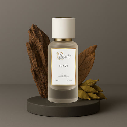 LeScent Suave Hair Perfume — infused with vitamin B5 and argan oil, featuring oud, tonka bean and amber inspired by Tom Ford Oud Wood for lasting softness and scent.