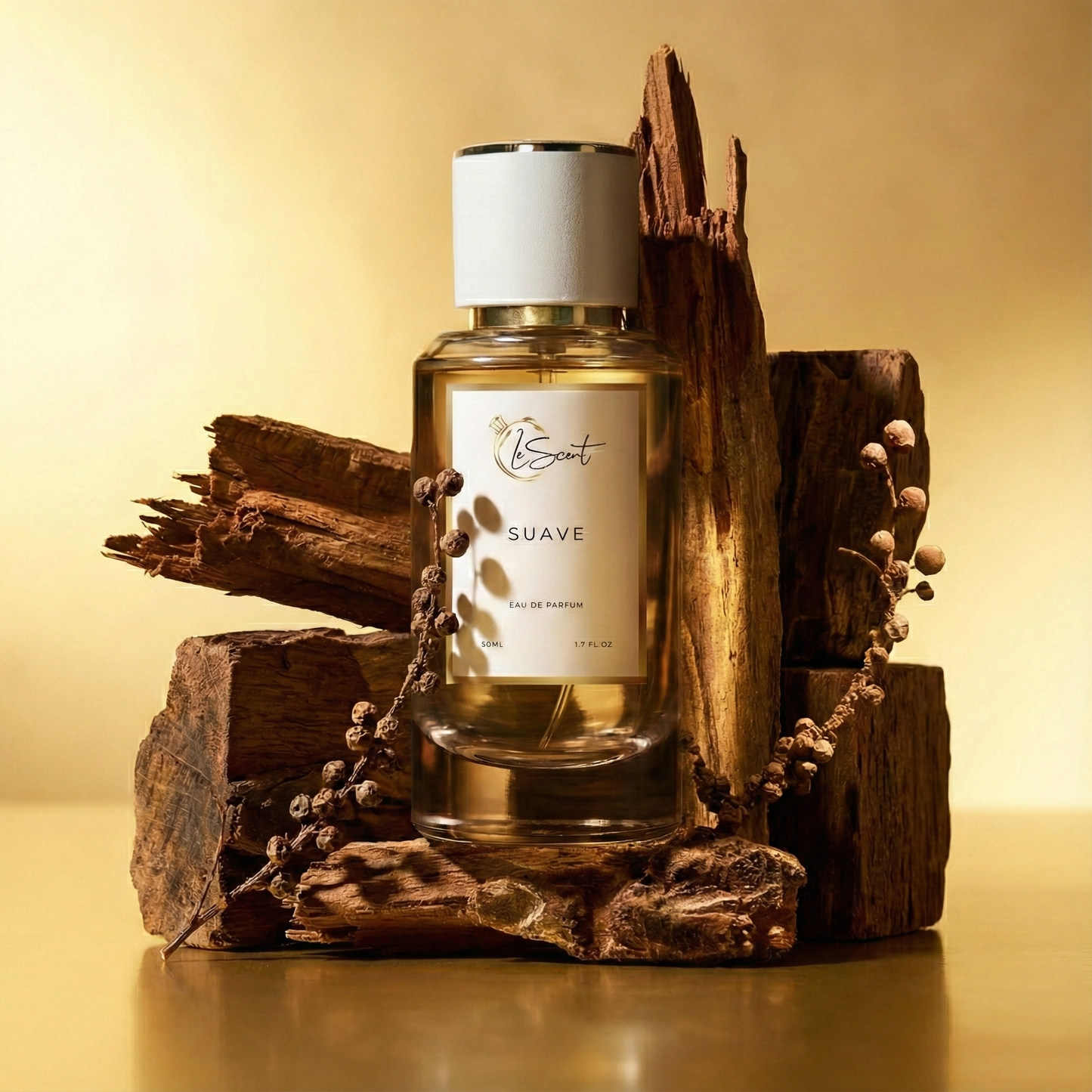 LeScent Suave perfume bottle displayed on natural oud wood with warm golden lighting and premium studio styling, inspired by Tom Ford Oud Wood.