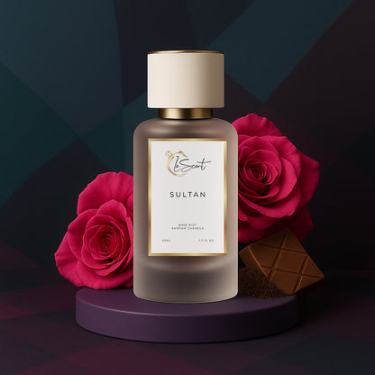 LeScent Sultan hair perfume mist bottle styled with luxurious florals and decorative elements on a deep plum pedestal against a dark patterned backdrop, inspired by Collection Prestige Sultan 9.