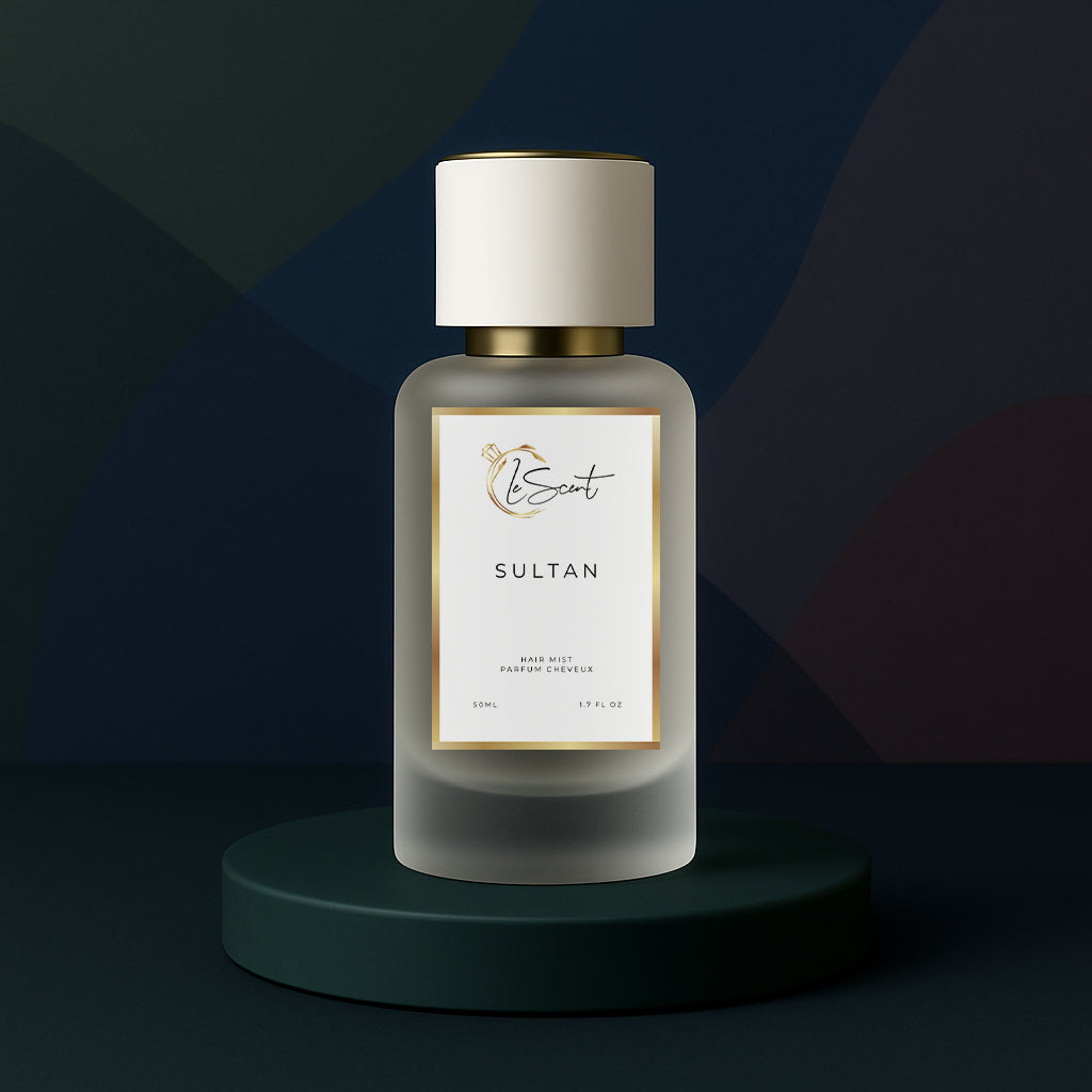 LeScent Sultan hair fragrance mist bottle on a dark pedestal with a rich gradient background and soft studio lighting, inspired by Collection Prestige Sultan 9.