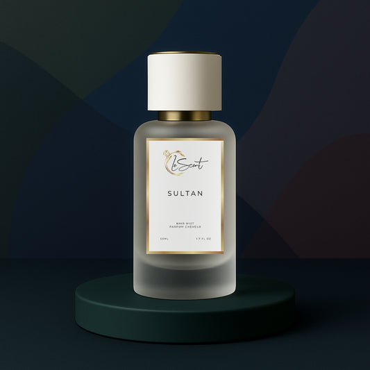 LeScent Sultan hair fragrance mist bottle on a dark pedestal with a rich gradient background and soft studio lighting, inspired by Collection Prestige Sultan 9.