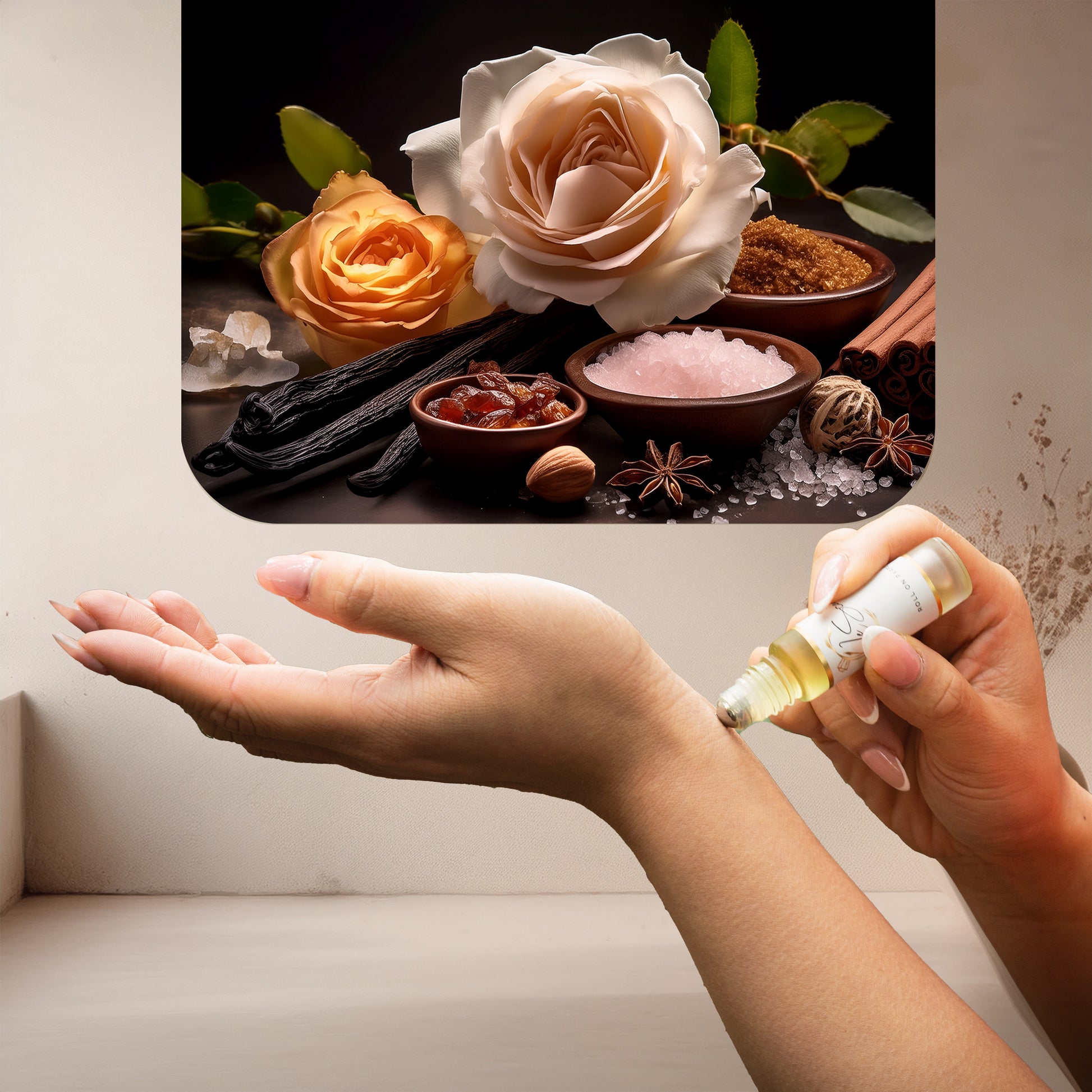 Applying LeScent Sultan roll-on perfume oil onto the wrist with a warm neutral background and a luxurious fragrance mood image above, inspired by Collection Prestige Sultan 9.