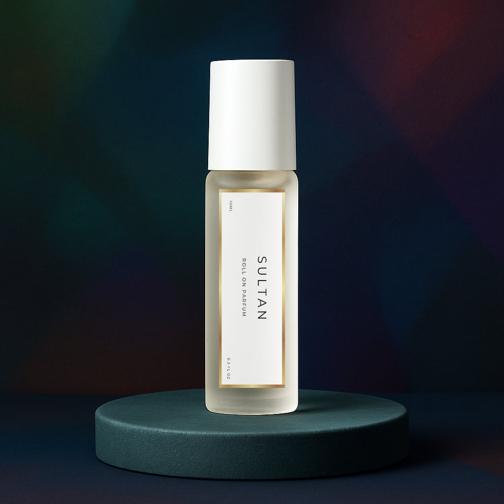 LeScent Sultan roll-on perfume oil bottle placed on a deep teal pedestal with a dark atmospheric background and soft studio lighting, inspired by Collection Prestige Sultan 9.