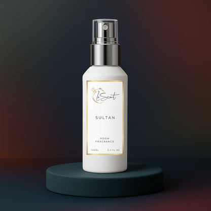 LeScent Sultan room fragrance spray bottle displayed on a dark pedestal with a smooth gradient background and subtle highlight, inspired by Collection Prestige Sultan 9.
