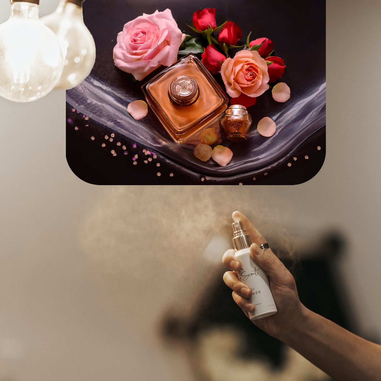 Spraying LeScent Sultan home fragrance freshener mist into the air beneath a glamorous fragrance display, inspired by Collection Prestige Sultan 9.