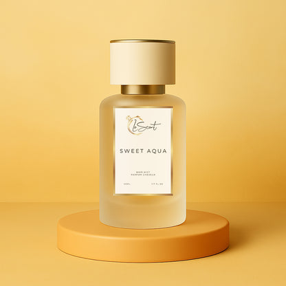 LeScent Sweet Aqua hair perfume, hair fragrance, hair perfume mist bottle on a soft golden pedestal with a warm yellow background, styled as a minimalist hero product image, inspired by Creed Millésime Impérial.