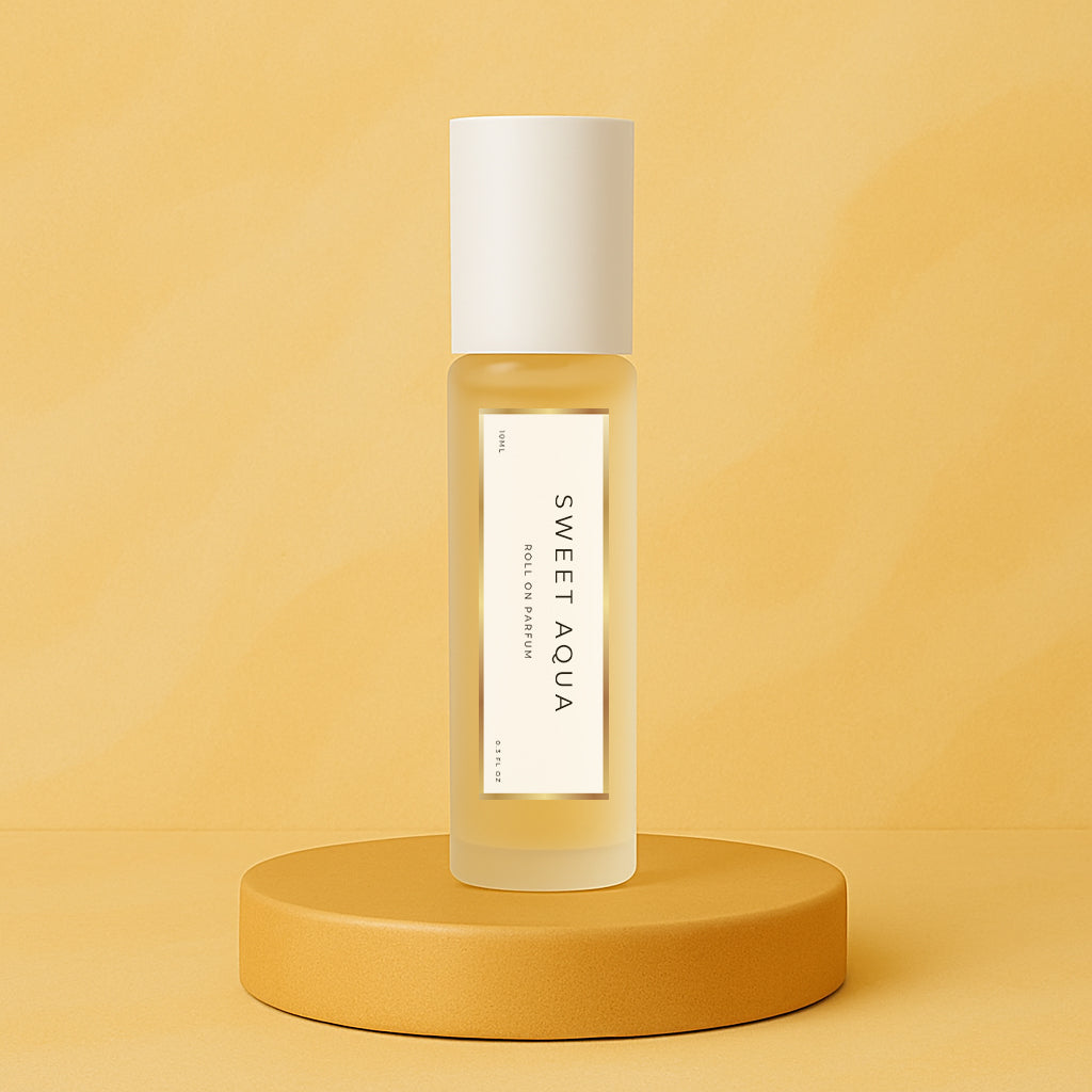 LeScent Sweet Aqua perfume oil roll-on bottle on a warm yellow pedestal with a matching soft yellow background, styled as a clean hero product image, inspired by Creed Millésime Impérial.