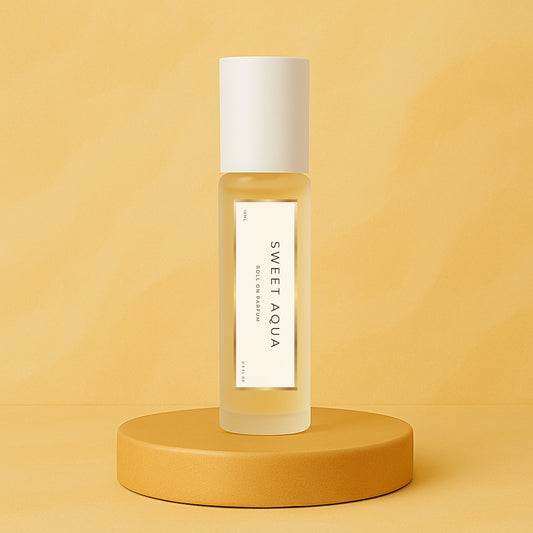 LeScent Sweet Aqua perfume oil roll-on bottle on a warm yellow pedestal with a matching soft yellow background, styled as a clean hero product image, inspired by Creed Millésime Impérial.