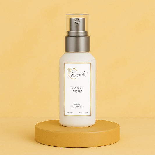 LeScent Sweet Aqua room spray bottle on a yellow pedestal with a solid warm yellow background, photographed as a clean hero shot, inspired by Creed Millésime Impérial.