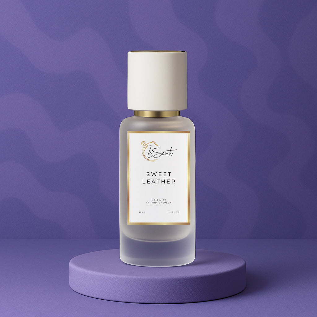 LeScent Sweet Leather hair fragrance mist bottle displayed on a lilac platform with soft purple lighting and matte background, inspired by Byredo Bibliothèque.
