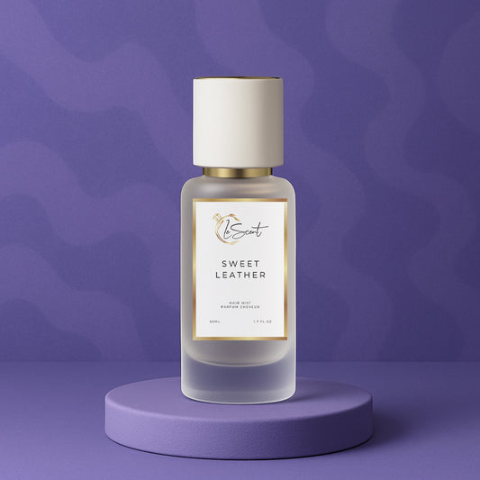 LeScent Sweet Leather hair fragrance mist bottle displayed on a lilac platform with soft purple lighting and matte background, inspired by Byredo Bibliothèque.