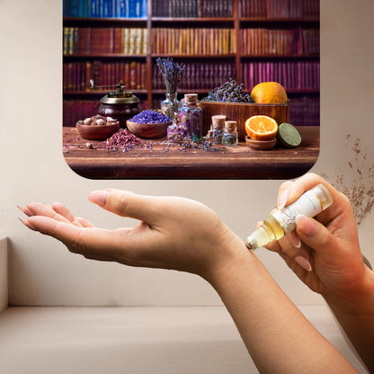 Applying LeScent Sweet Leather roll-on perfume oil on wrist beside dried lavender, citrus slices, and aromatic herbs on a wooden table, inspired by Byredo Bibliothèque.