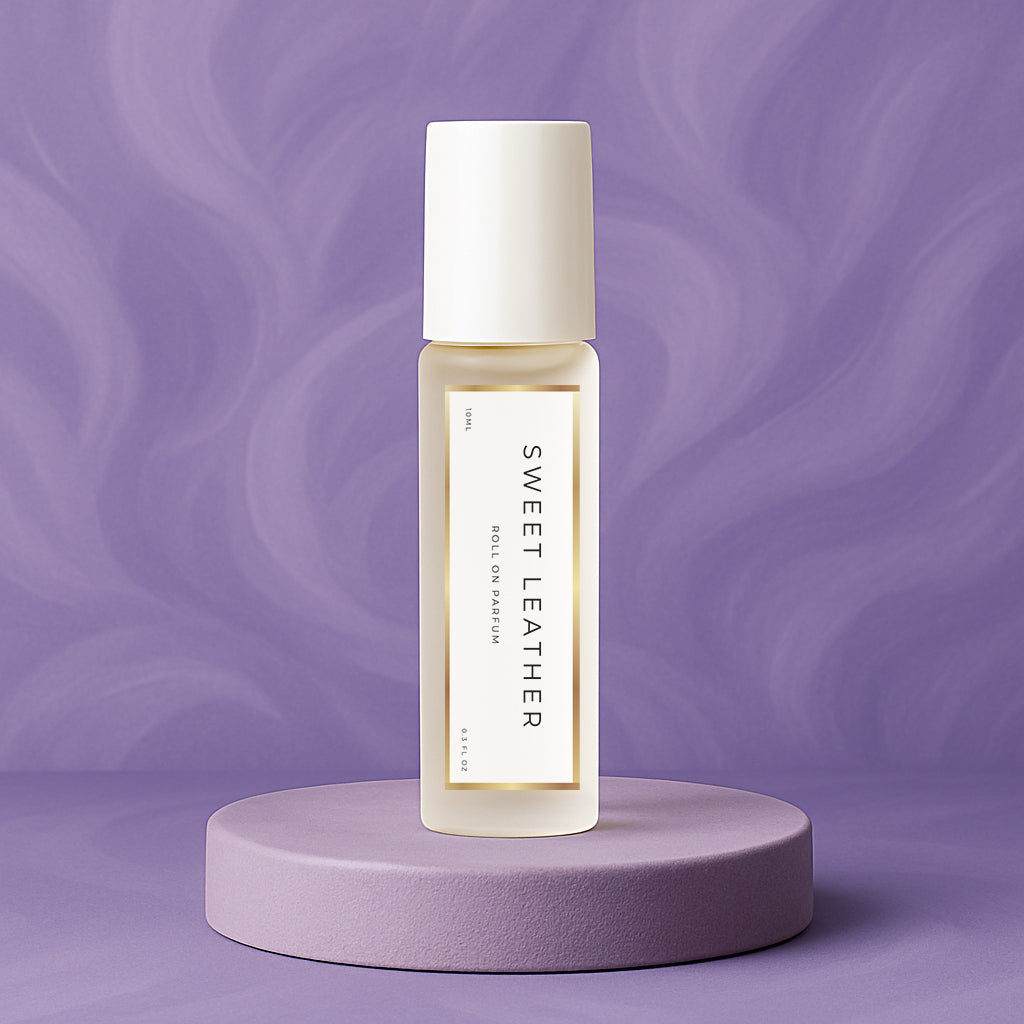 LeScent Sweet Leather roll-on perfume oil bottle standing on a soft lilac platform with smooth purple background lighting, inspired by Byredo Bibliothèque.