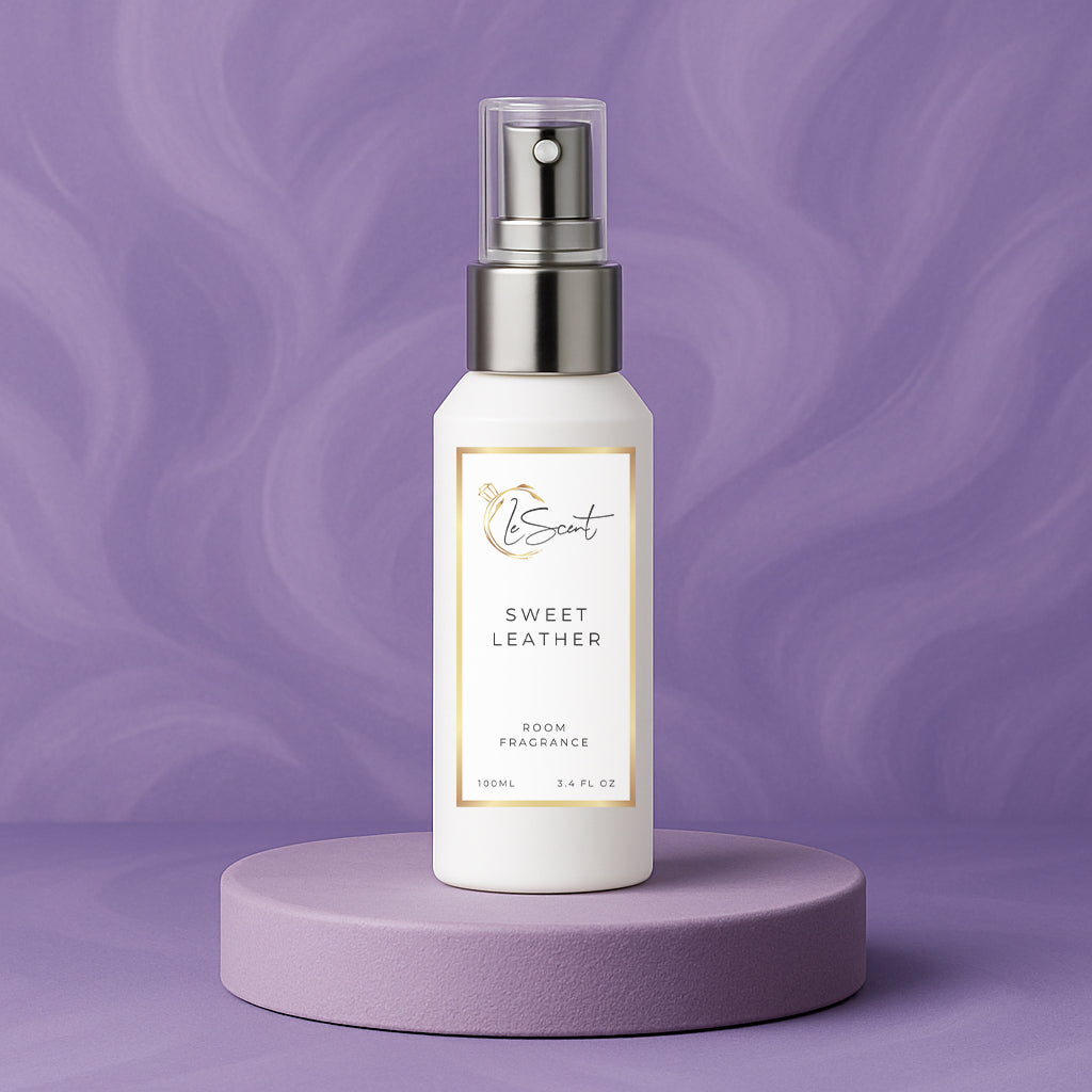 LeScent Sweet Leather room fragrance spray bottle placed on a lilac pedestal with soft studio light and lavender-toned background, inspired by Byredo Bibliothèque.