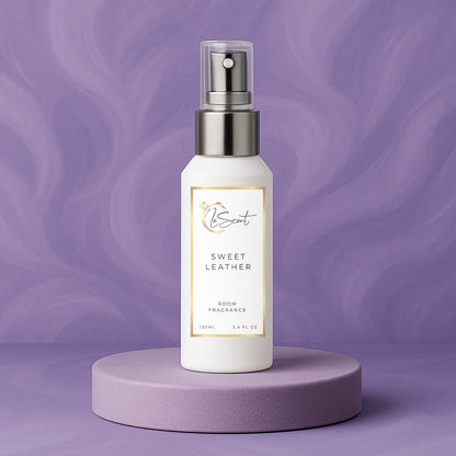 LeScent Sweet Leather room fragrance spray bottle placed on a lilac pedestal with soft studio light and lavender-toned background, inspired by Byredo Bibliothèque.