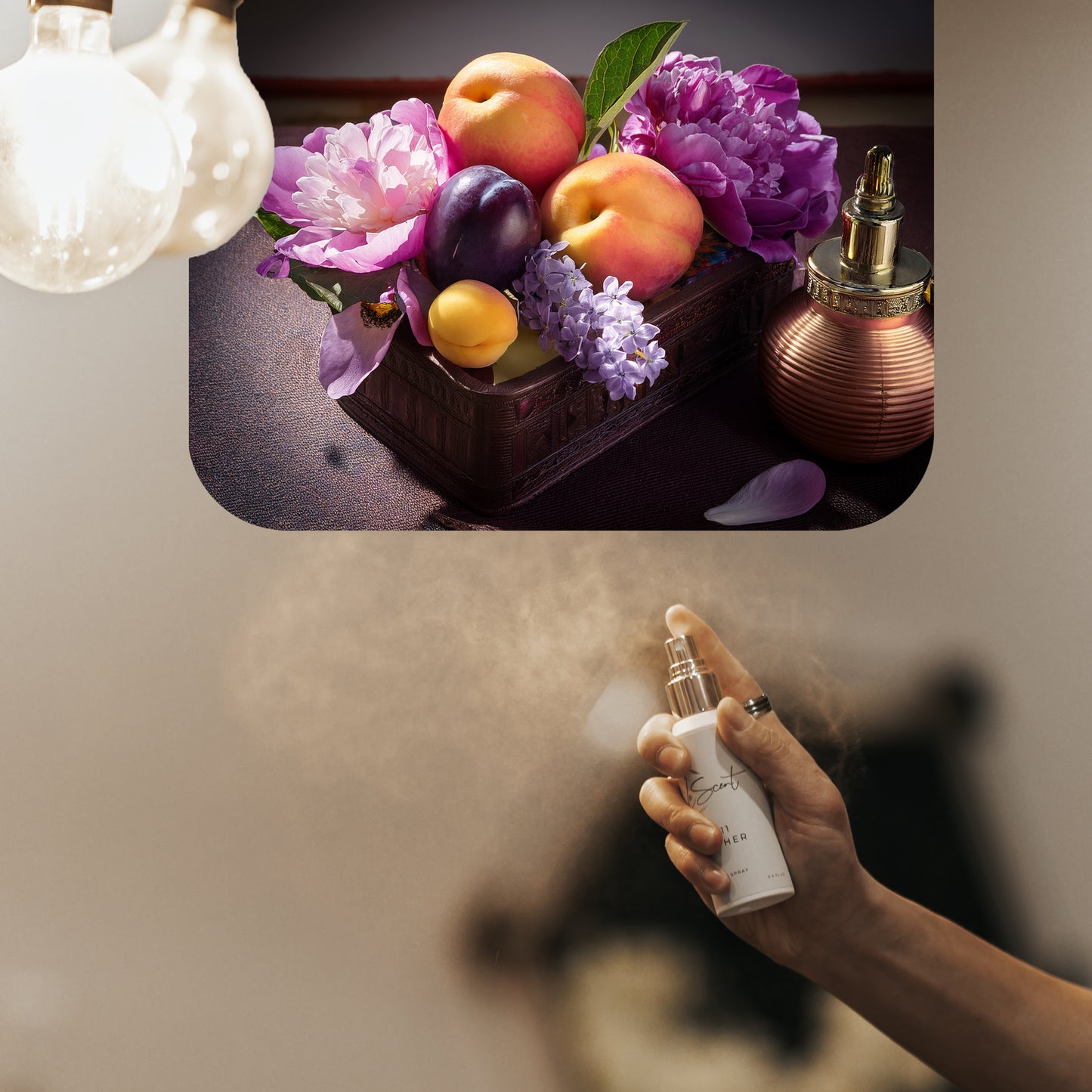 Spraying LeScent Sweet Leather home fragrance freshener mist beside peonies, peaches, and plums with elegant perfume bottles on a table, inspired by Byredo Bibliothèque.