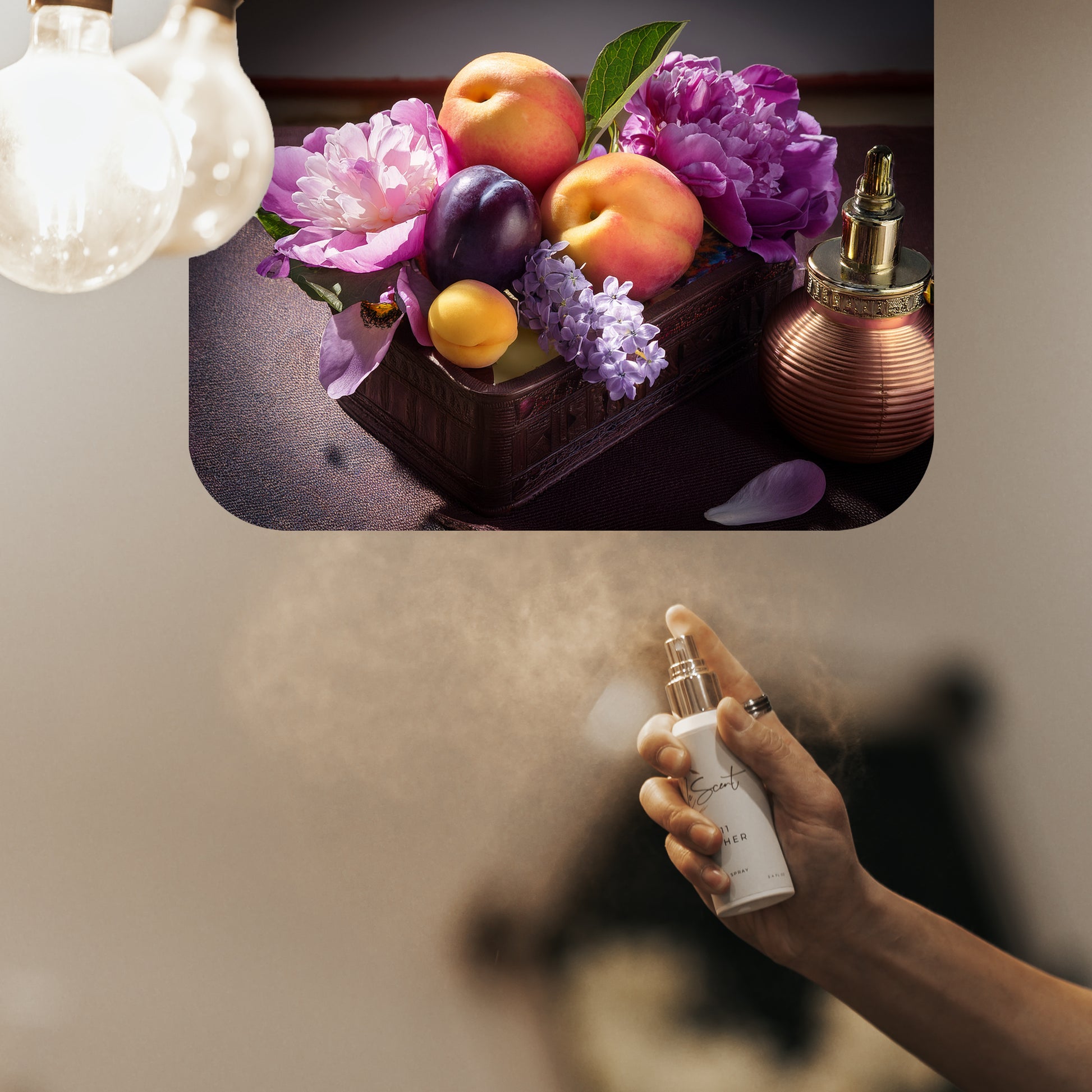 Spraying LeScent Sweet Leather home fragrance freshener mist beside peonies, peaches, and plums with elegant perfume bottles on a table, inspired by Byredo Bibliothèque.
