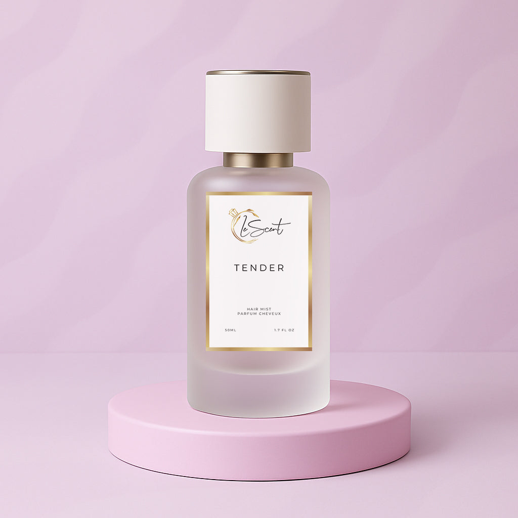 LeScent Tender hair mist bottle on a pink pedestal with a wavy pink background, inspired by Chanel Chance Eau Tendre.