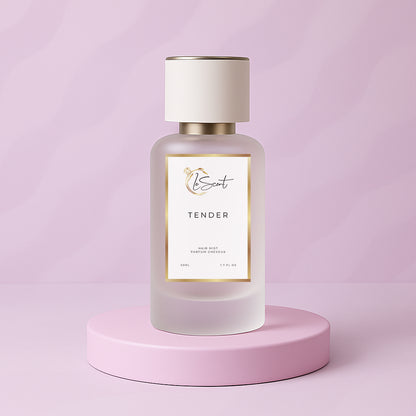 LeScent Tender hair mist bottle on a pink pedestal with a wavy pink background, inspired by Chanel Chance Eau Tendre.