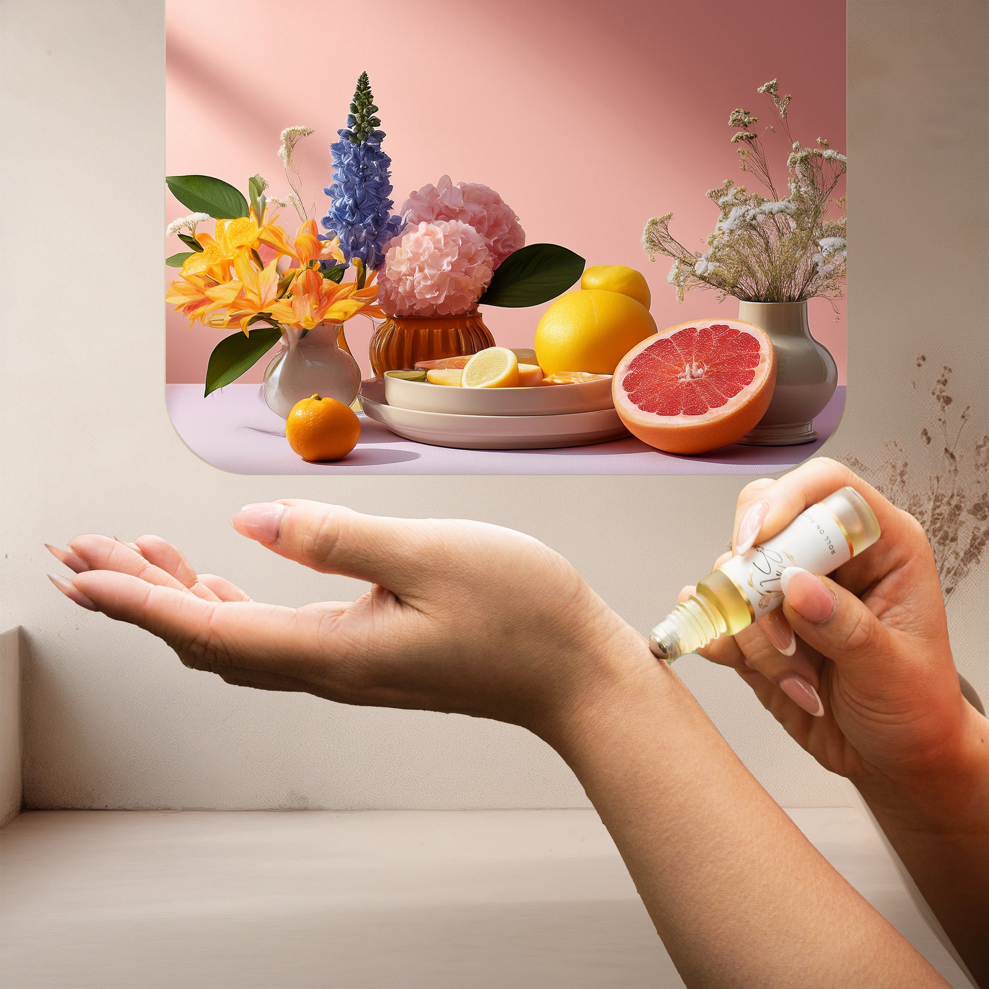 Applying LeScent Tender perfume oil, a delicate fruity-floral fragrance with grapefruit and jasmine notes inspired by Chanel Chance Eau Tendre, to the wrist.